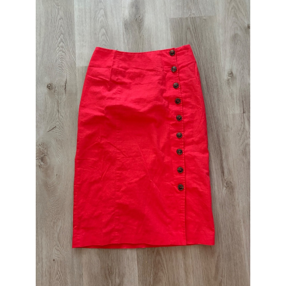 Gianni Bini Red Linen Blend Side Button Midi Pencil Skirt 4 Slit Tomato Euro